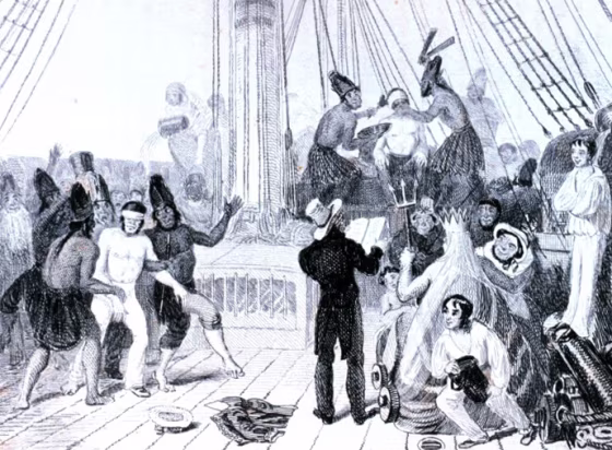 This engraving depicts the HMS Beagle's equator-crossing ceremony on Oct. 11, 1832, on the voyage that naturalist Charles Darwin made. After the voyage, the Beagle was converted to coast guard duty and eventually was lost in the mists of time.