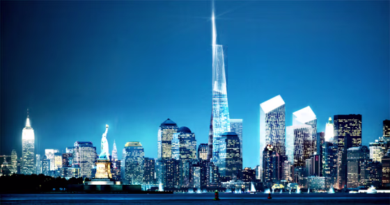 This is an artist's rendering of a night view of the&nbsp;revised Freedom Tower design as seen from the south.