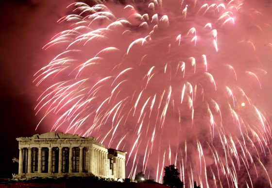 FIREWORKS EXPLODE OVER THE PARTHENON  DURING NEW YEARS DAY CELEBRATIONS