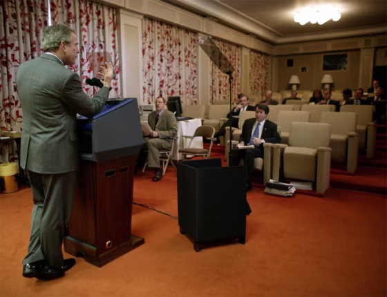 President&nbsp;Bush prepares for the State of the Union speech in the Family Theater of the White House Monday.
