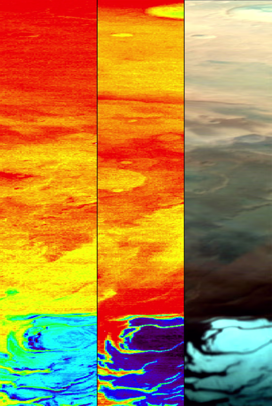 These three bands show the southern polar cap of Mars, as observed by OMEGA, the oribiter's combined camera and infrared spectrometer, on Jan. 18. The right band represents the visible image, the middle one the CO2 (carbon dioxide) ice and the left one the H2O (water) ice. 