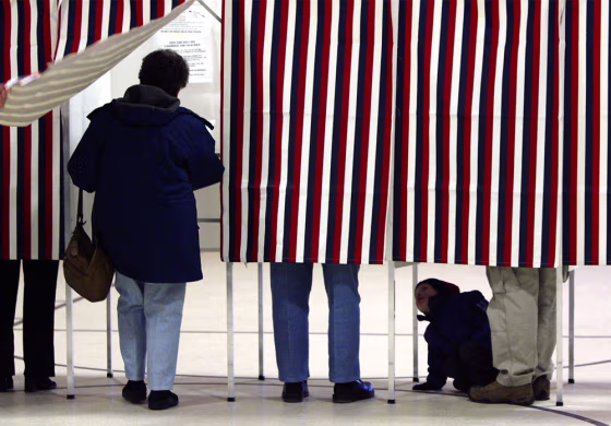 2-year-old Colin McQuinlan,&nbsp;right, peeks at voters in a neighboring booth at the polling station of Jewett Street School in Manchester, N. H. &nbsp; 