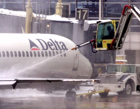 DELTA JET IS SPRAYED WITH CHEMICAL SOLUTION TO REMOVE ICE AT NATIONAL AIRPORT IN WASHINGTON