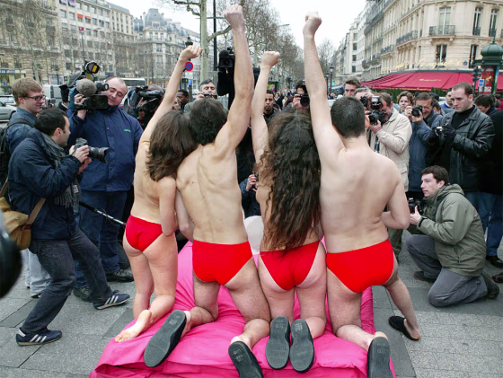 MEMBERS OF ANIMAL RIGHTS GROUP PETA DEMONSTRATE ON CHAMPS ELYSEES IN PARIS