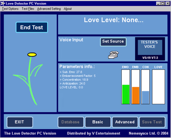 A screenshot of "Love Dectector." The more petals on the daisy, the hotter the passion. If the love level is negative, the daisy starts to wilt. 