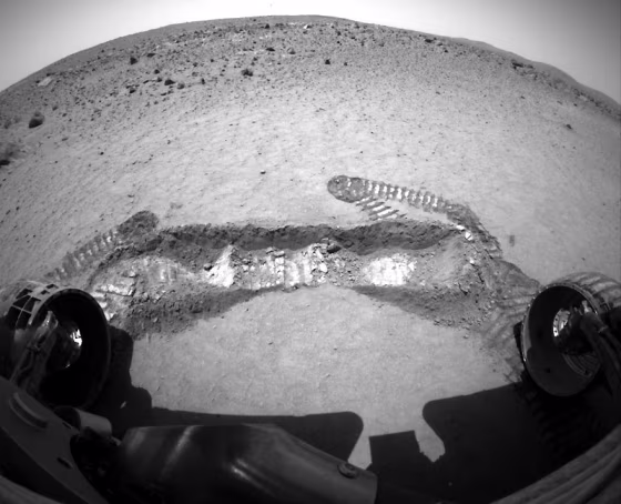 This trench was dug by Spirit's left front wheel&nbsp;and is about 7 centimeters (3 inches) deep. 