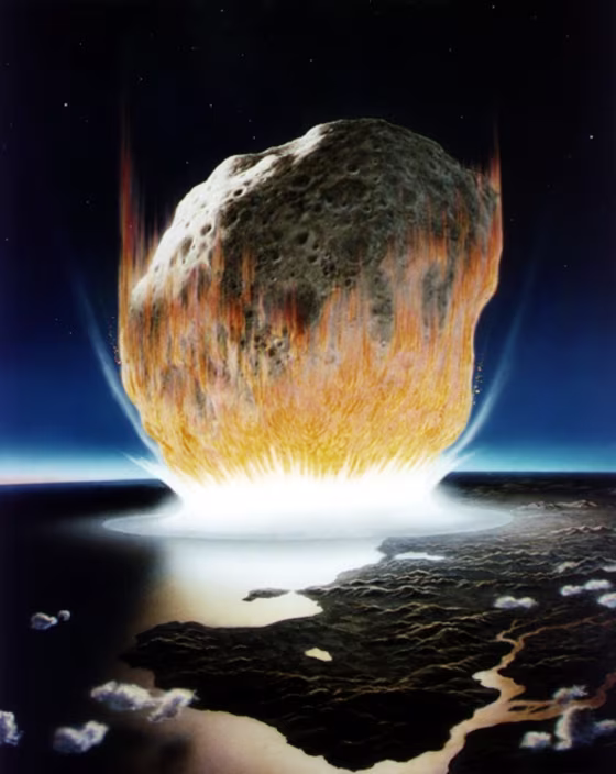 An artist's conception shows a huge asteroid striking Earth. Scientists say even a smaller asteroid — measuring, say, 100 yards across — could create havoc if it hit an urban area.