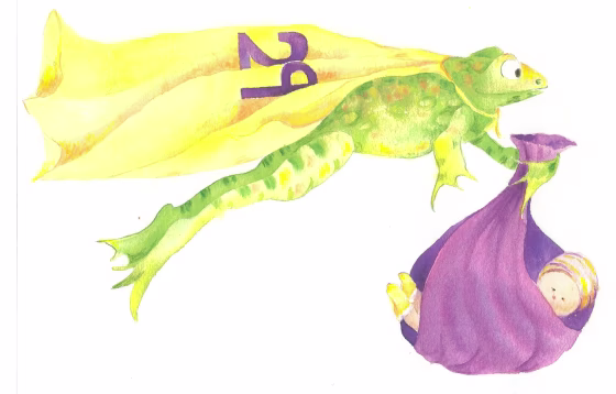 A Leap Year frog, illustrated by Nancy Lucas for the Leap Year Day Project, delivers a baby on Feb. 29, the stork's one day off in four years. 