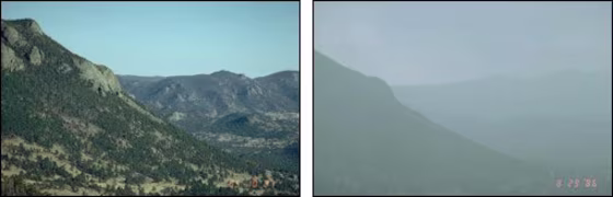 Part of Rocky Mountain National Park is seen on a clear day and on a day of significant ozone pollution.