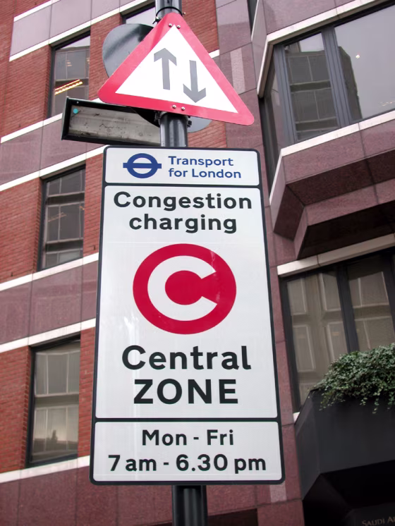 A sign warning drivers that they are about the enter the congestion charge&nbsp;zone near Victoria station, in London.