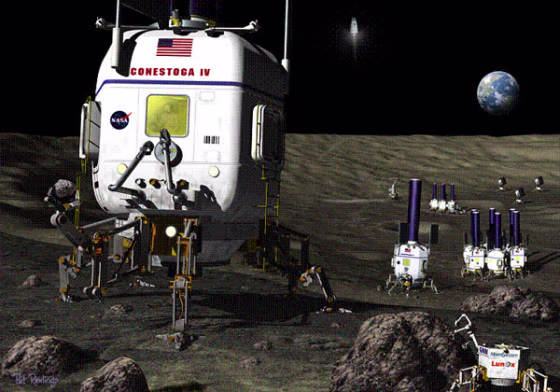 The "Habot" mobile lunar base concept is a radical departure from studies. The six legs of the structure permit it to walk robotically.