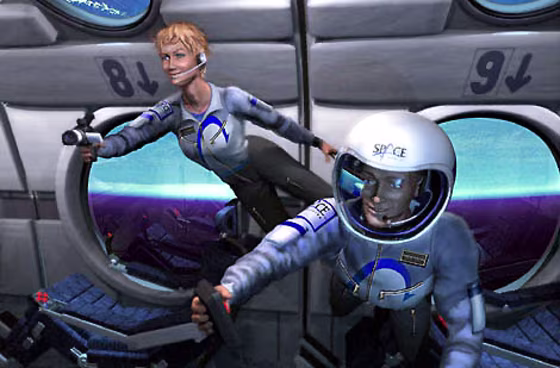 An artist's conception shows passengers experiencing weightlessness during a commercial suborbital flight.