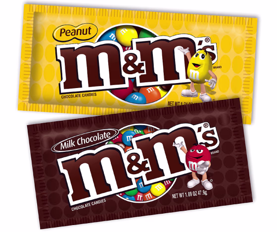 M&M's' new packaging, left,&nbsp;features a more prominent logo and a circular, colorful image of the candy centered on the package.