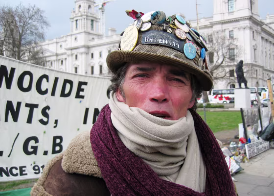 From the pavement outside London's Houses of Parliament, Brian Haw has been protesting against Western policy in the Middle East since June 2001.
