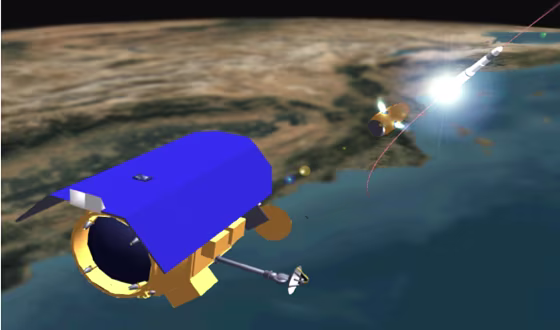 An artist's conception shows the Near Field Infrared Experiment monitoring the ascent of a ballistic missile from orbit.