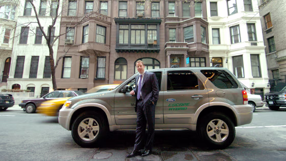 Ford Motor Company Chairman and CEO Bill Ford with the new Ford Escape Hybrid after the "Manhattan on a Tank of Gas" fuel economy drive earlier this month.