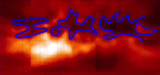 The European Southern Observatory's map of Titan's surface highlights four fanciful forms. From left, they are the Lying H, the Ball, the Dog and the Dragon's Head. The dark features may be hydrocarbon oceans.