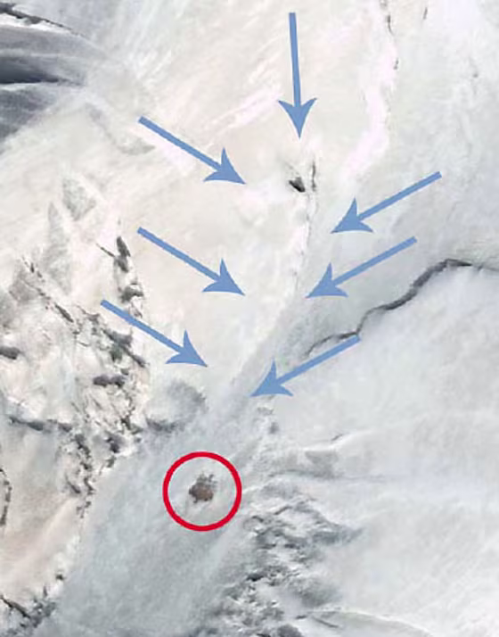 Satellite imagery of Turkey's Mount Ararat highlights an object within a red circle, with blue arrows indicating possible downslope movement. The imagery was captured by Digital Globe and made available through Shamrock-The Trinity Corp. Explorers hope to determine whether the object is linked to the story of Noah's Ark. Click on the image to explore the scene using the Space.com "ZoomViewer."