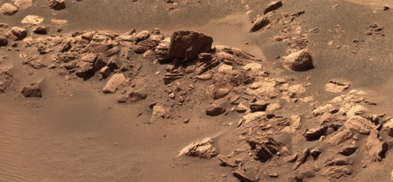 This approximate true-color image mosaic from the panoramic camera on the Opportunity rover shows the target nicknamed "Hamersley" within Fram Crater. The outcrop material seen here is visibly disrupted. 