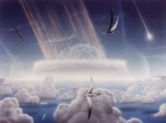 An artist's conception provides a pterodon's-eye view of the asteroid impact that is thought to have led to the extinction of dinosaurs and many other species 65 million years ago.