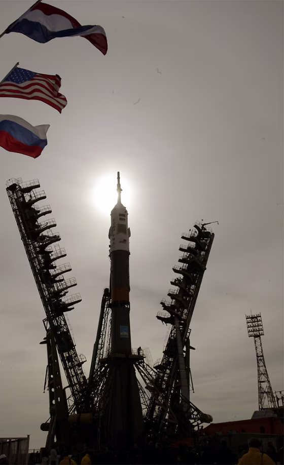 A&nbsp;Russian Soyuz TMA-4 booster rocket is readied for launch from&nbsp;Kazakhstan's Baikonur Cosmodrome in this April photo. The Kazakhs, who were once part of the Soviet Union, say they are no longer content to serve merely as the landlords for Russia's best-known space launch site.