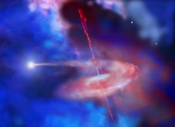 An artist's impression shows an intermediate-mass black hole lighting a nebula that is 100 light-years wide in the dwarf irregular galaxy Holmberg II. With a mass&nbsp;25 to 40 times that of the sun,&nbsp;this black hole may be a remnant from the first generation of stars in the universe.