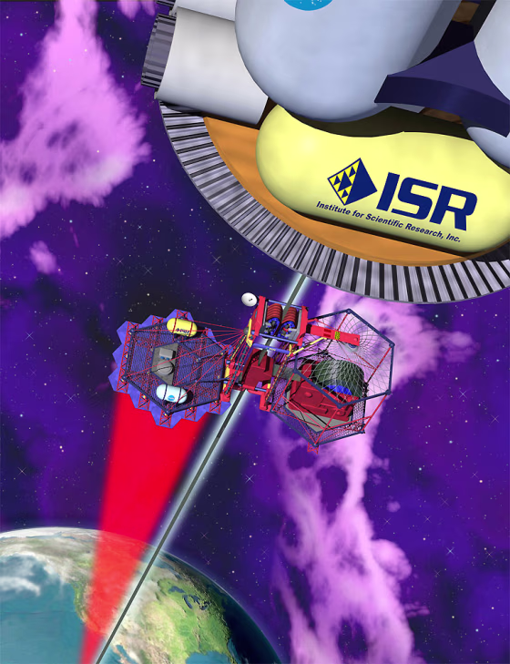 Scientist Bradley C. Edwards thinks his space elevator, shown in this artist's conception,&nbsp;could be operating in 15 years. A laser&nbsp;sends power up to&nbsp;the elevator&nbsp;as it rises along a flat cable to Earth orbit.