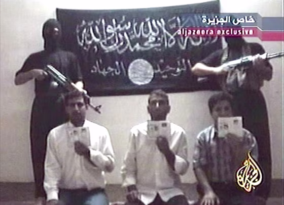 Video show on Al-Jazeera television on Saturday showed three Turkish men kidnapped by the Tawhid and Jihad group, allegedly led by Abu Musab al-Zarqawi.
