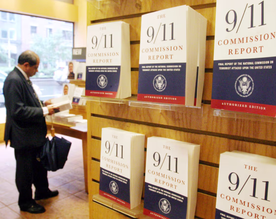 Copies of 'The 9/11 Commission Report' are seen on display at a Borders bookstore in New York on&nbsp;Friday.
