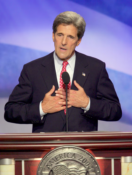 Democratic presidential candidate Sen. John Kerry gestures during his address to  the delegates at the Democratic National Convention in Boston, Thursday, July 29, 2004. (AP Photo/Ron Edmonds)