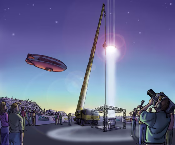One of the marquee events in a proposed space elevator competition would be a climber race, shown in this artist's conception. The mechanical climbers would be required to lift a payload up a 50-meter cable, with power provided&nbsp;by an intense light beam shining on photoelectric cells.