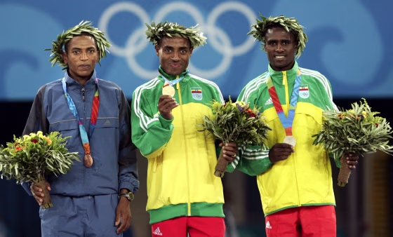Winners podium of the men's 10,000 metres at the Athens 2004 Olympic Games