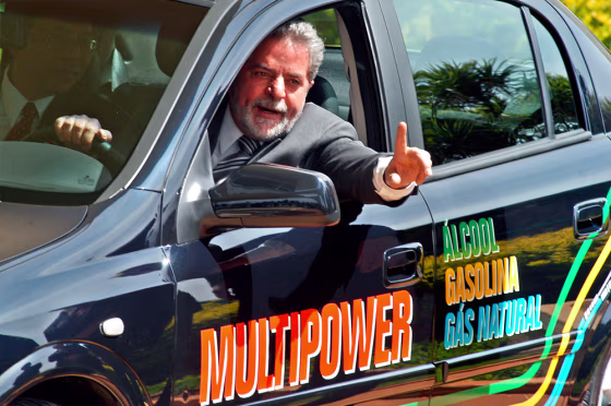 Even Brazilian President Luiz Inacio Lula da Silva has gotten behind the flex-fuel concept, here driving GM's first factory-produced car that runs on gasoline, alcohol or natural gas.