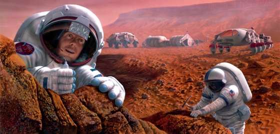 Artist's illustration shows astronauts exploring the Martian surface.