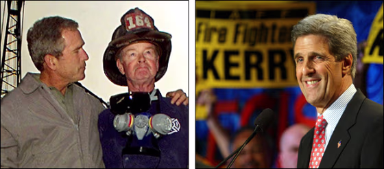 President Bush&nbsp;at ground zero on Sept. 14, 2001 and presidential candidate John Kerry addressing the&nbsp;&nbsp; International Association of Fire Fighters earlier this year. 