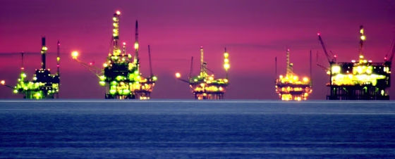 Night comes to oil and natural gas platforms off Santa Barbara, Calif.