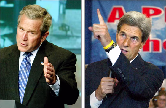President Bush, at left,&nbsp;discusses the&nbsp;new vision for space exploration during a January speech at NASA Headquarters. Sen. John Kerry, at right, speaks at a July town-hall meeting at NASA's Kennedy Space Center.