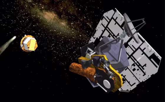Artwork&nbsp;shows the Deep Impact spacecraft in the foreground, shooting&nbsp;a copper-sheathed impactor at Comet Tempel 1.