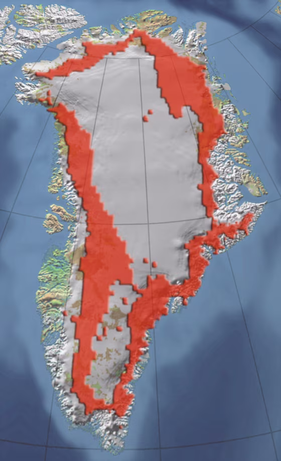 This map of Greenland shows areas (in red) where the island’s ice sheet saw some melting in 2002. Scientists say it was a record year for melting.