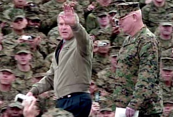 Bush arrives to cheers at Camp Pendleton, the home base of thousands of Marines who are fighting in Iraq.