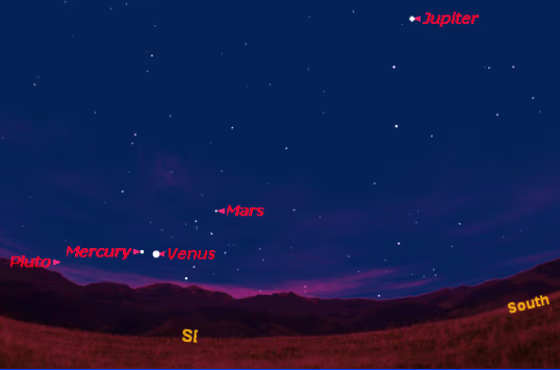 Mercury, Venus and Mars are visible in southeastern skies just before sunrise on Christmas, as seen from midnorthern latitudes. Jupiter is high in the south, while Saturn, not seen in this chart, is low in the west. To see&nbsp;Pluto, you would need a good telescope and&nbsp;great viewing conditions. Click on the map for a larger sky chart.