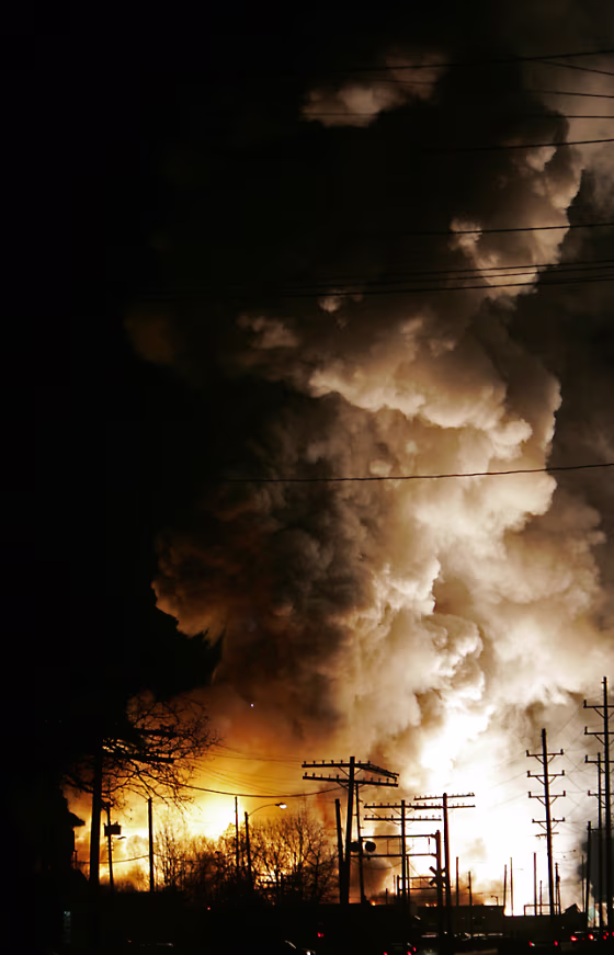 Smoke and flames pour from a&nbsp;fire at the Advanced Magnesium Alloys Corp. recycling plant in Anderson, Ind. on Friday.