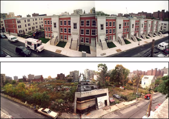The revitalization of the South Bronx is graphically shown in this photo of a lot in the Melrose area in 1994 (below) and again in 2002. 