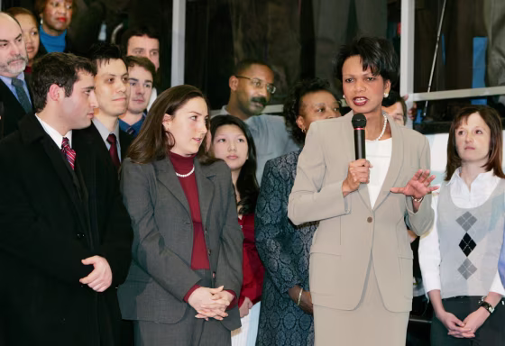 US Secretary of State Condoleezza Rice talks on first day at State Department