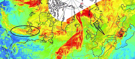 Combined imagery from GOES-EAST and the&nbsp;METEOSAT infrared satellite&nbsp;tracks the movement of a pollutant plume&nbsp;from North America to Europe on Nov. 19, 2001. The black triangle shows the flight pattern of the research team’s research plane. The black ellipse shows the origin of the plume.