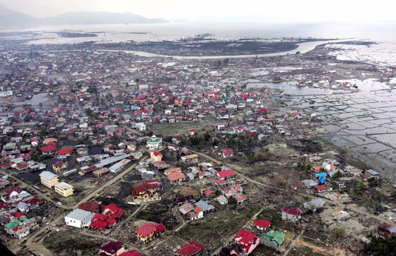 An aerial view shows the tsunami-devastated city of Banda Aceh