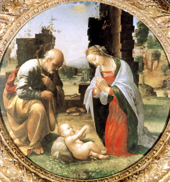 "The Adoration of the Christ Child'' dates to the end of the 15th century or the beginning of the 16th century. In the past, the painting has been attributed to Fra Bartolomeo, but restorers say that a centuries-old fingerprint found fixed in the paint could indicate that Leonardo da Vinci had a hand in creating the work.