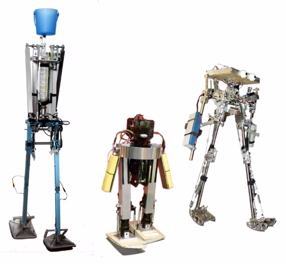 Robots&nbsp;created by Delft University, the Massachusetts Institute of Technology and Cornell University are lined up left to right. The contraptions use an energy-efficient, passive-dynamic technoology for walking. 