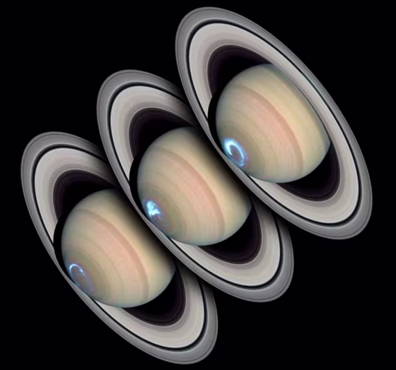 These Hubble Space Telescope images of Saturn and its polar auroral emissions were taken on Jan. 24, 26, and 28&nbsp;in 2004. Ultraviolet images of the south polar region were combined with visible wavelength images of the planet and rings.