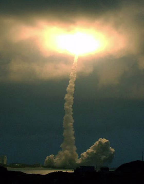 Japan's H-2A rocket with multipurpose satellite payload spews smoke as it lifts off from a&nbsp;launch pad&nbsp;in Tanegashima, Japan, on Saturday.